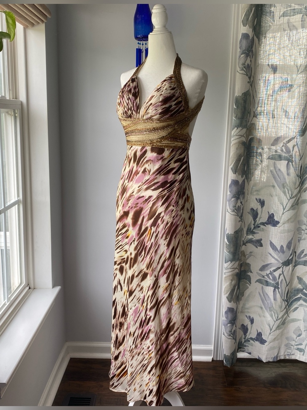 Y2K Animal Print Beaded Open Back Fairy Prom Dress Maxi Gown Sz 1/2